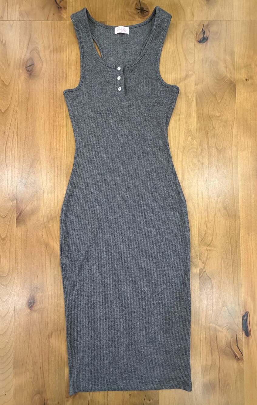 Pink Lily Ribbed Tank Dress Size S Grey Button Front Midi